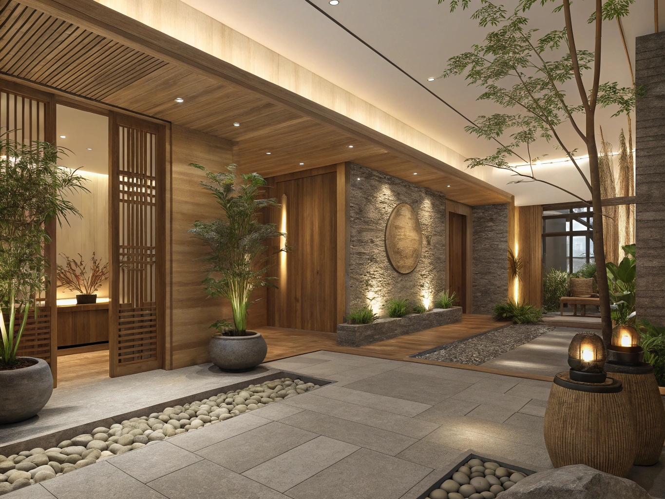 Welkomstlobby van Garnoviaa spa met natuurlijke materialen en warm licht