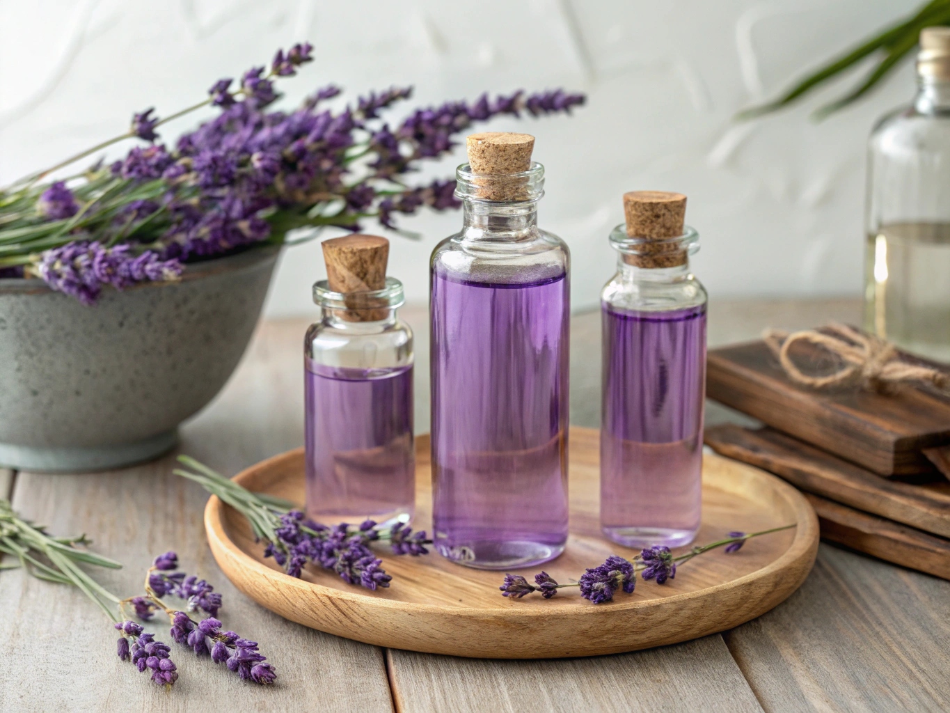 Organische lavendelolie in glazen flesjes