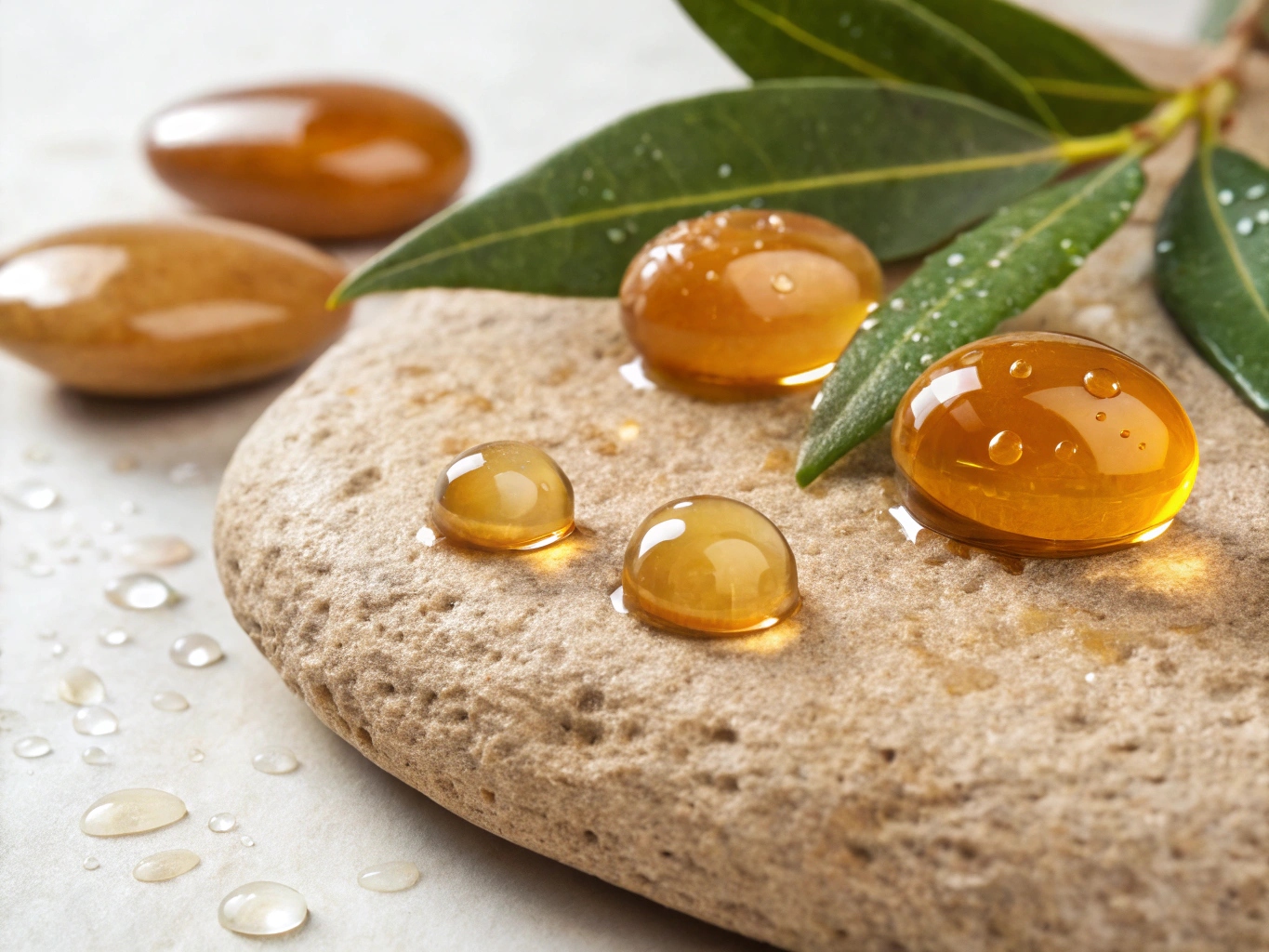 Arganolie druppels op natuurlijke ondergrond