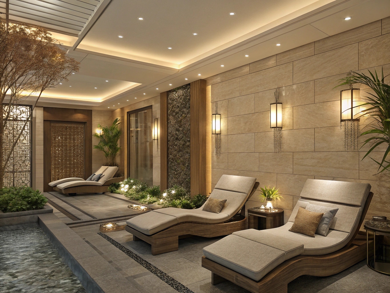 Ontspanningsruimte met comfortabele ligstoelen